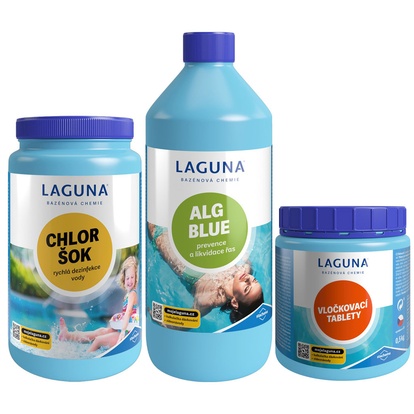V. Set chemie pro odstranění zákalu vody  (Chlor Šok, Algicid ALG Blue, Vločkovací tablety)