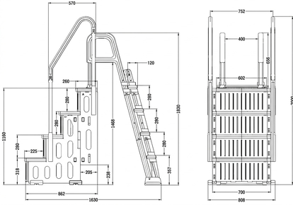 Plánek rozměrů 4stupňová bazénová schodiště