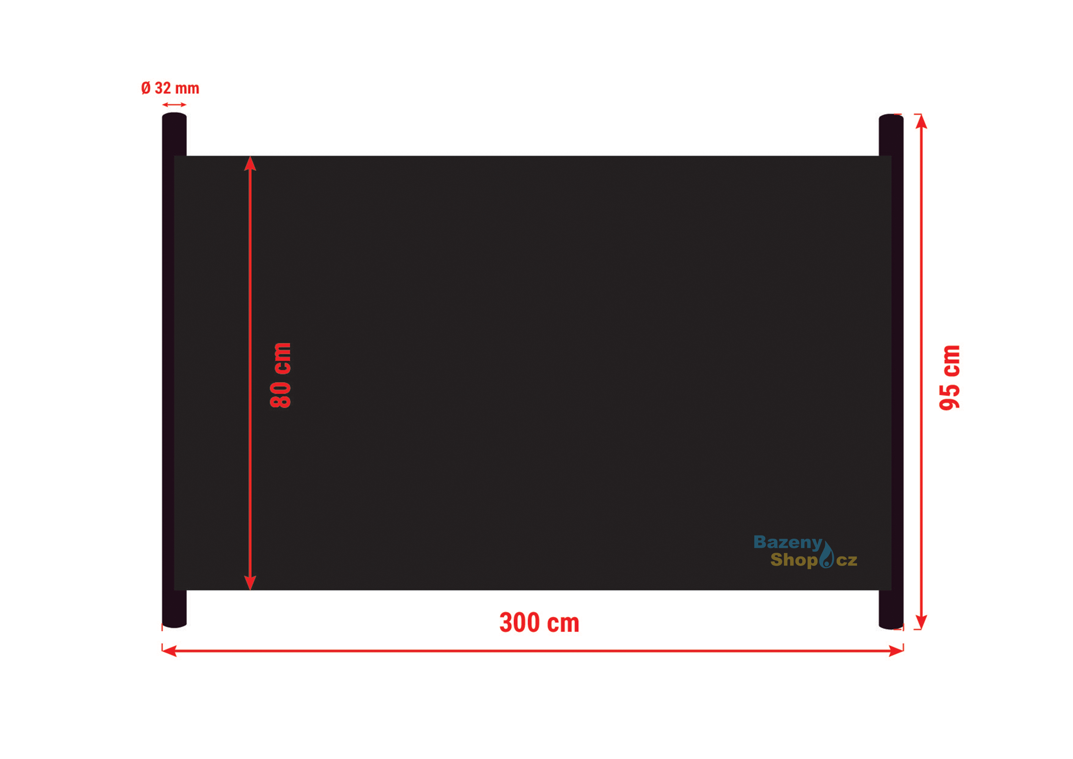 Rozměry solárního panelu AKYSUN HOBBY 0,8 × 3,0m, d32