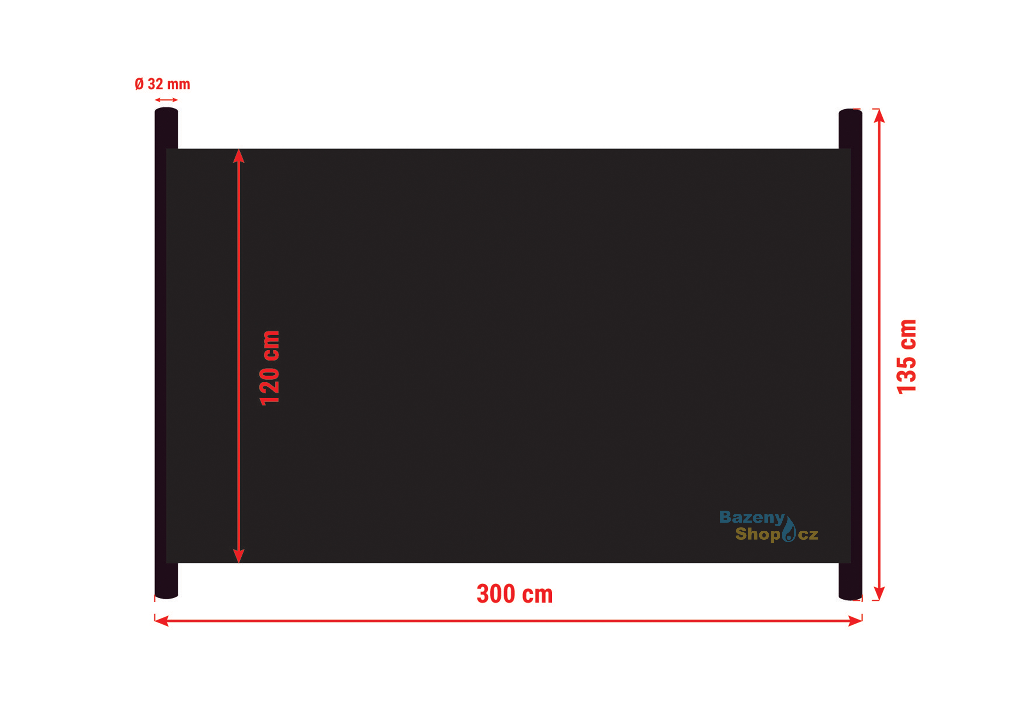 Rozměry solárního panelu AKYSUN HOBBY 1,2 × 3,0m, d32